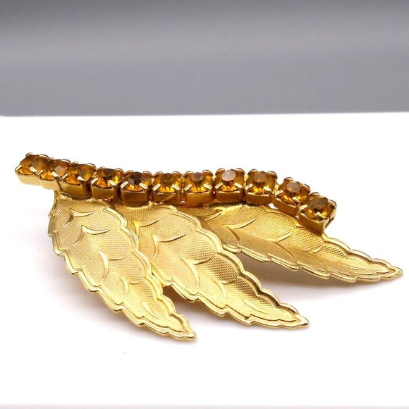 Jewelry - Elegant Vintage Autumn Leaf Brooch, Topaz Colored Crystal Channel with 3 Brushed